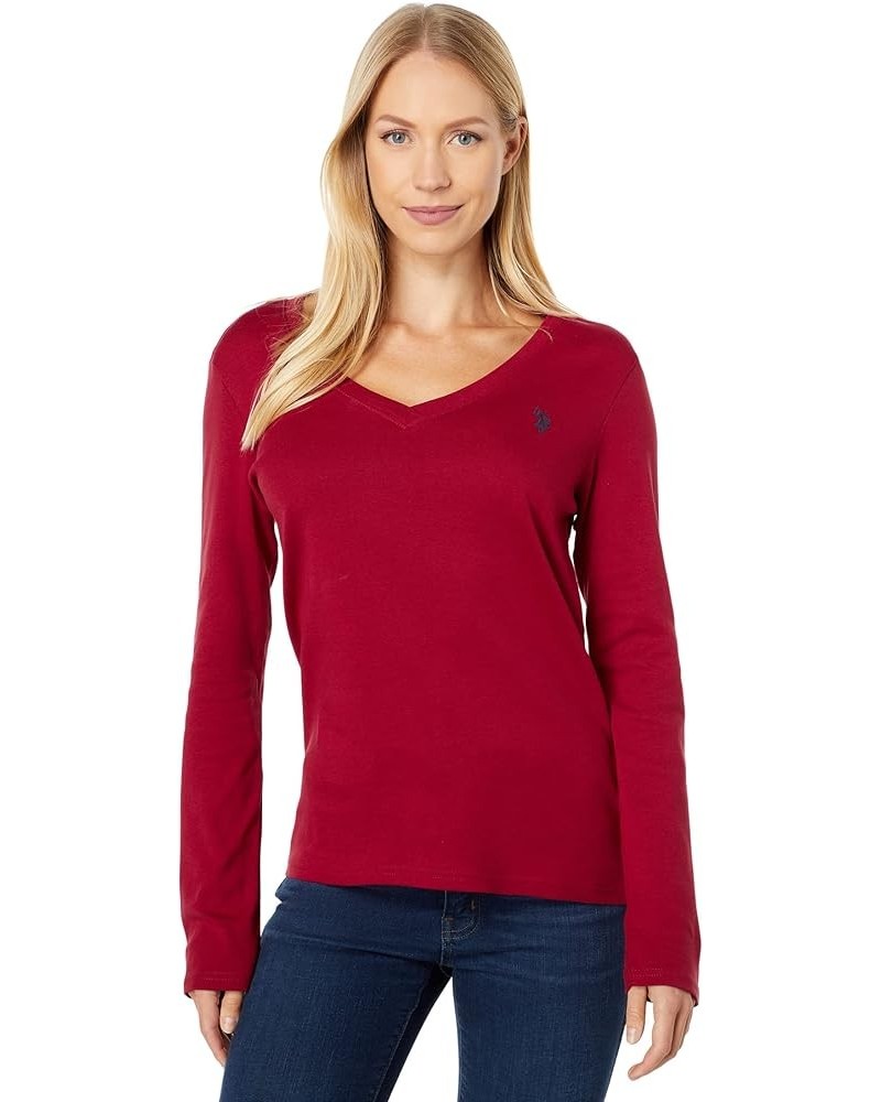 Women's Ribbed V-Neck T-Shirt Rhythmic Red $10.58 T-Shirts