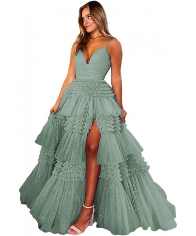 Spaghetti Straps Prom Dresses with Slit 2023 Sparkly Tulle Dress V Neck Formal Dresses for Women Evening CXL075 Dark Sage $54...