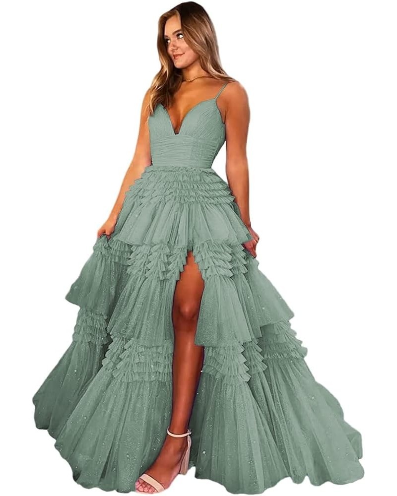 Spaghetti Straps Prom Dresses with Slit 2023 Sparkly Tulle Dress V Neck Formal Dresses for Women Evening CXL075 Dark Sage $54...