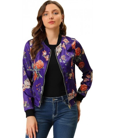 Women's Stand Collar Zip Up Floral Print Bomber Jacket Deep Purple $18.07 Jackets