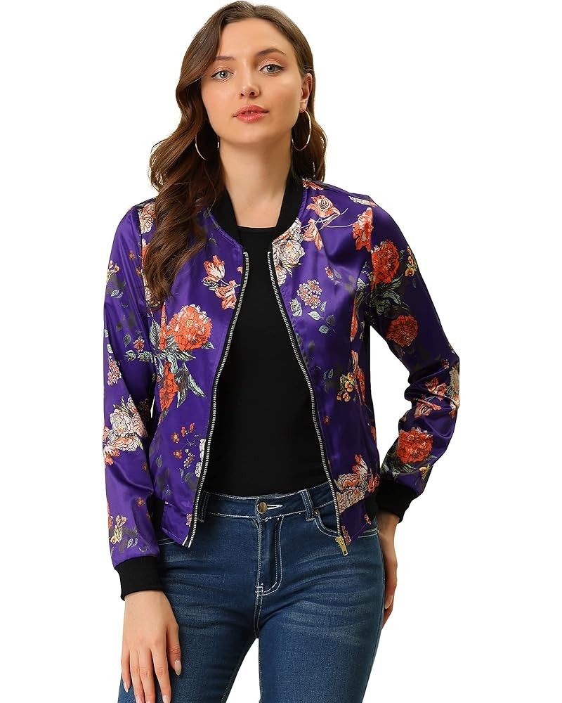 Women's Stand Collar Zip Up Floral Print Bomber Jacket Deep Purple $18.07 Jackets