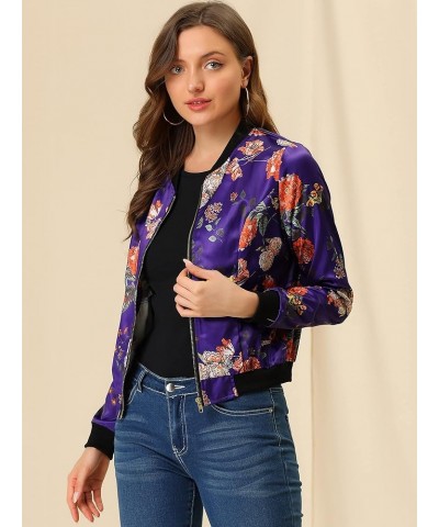 Women's Stand Collar Zip Up Floral Print Bomber Jacket Deep Purple $18.07 Jackets