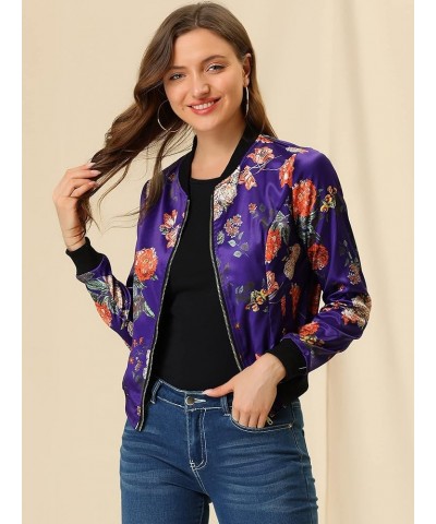 Women's Stand Collar Zip Up Floral Print Bomber Jacket Deep Purple $18.07 Jackets