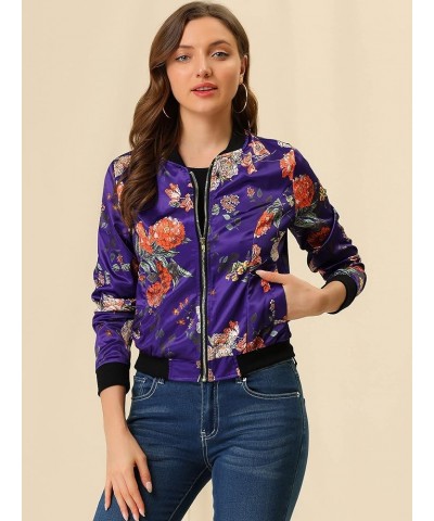 Women's Stand Collar Zip Up Floral Print Bomber Jacket Deep Purple $18.07 Jackets