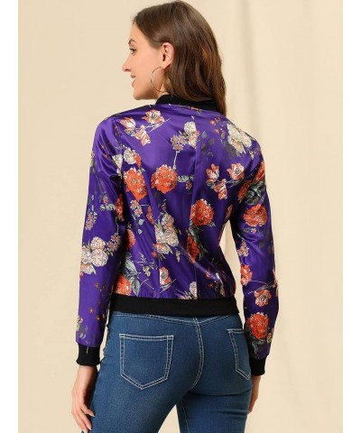 Women's Stand Collar Zip Up Floral Print Bomber Jacket Deep Purple $18.07 Jackets