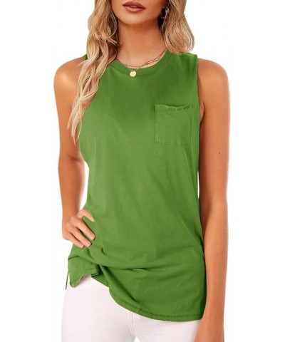 Women's High Neck Tank Top Sleeveless Blouse Plain T Shirts Pocket Cami Summer Tops A-grass Green $9.45 Tanks