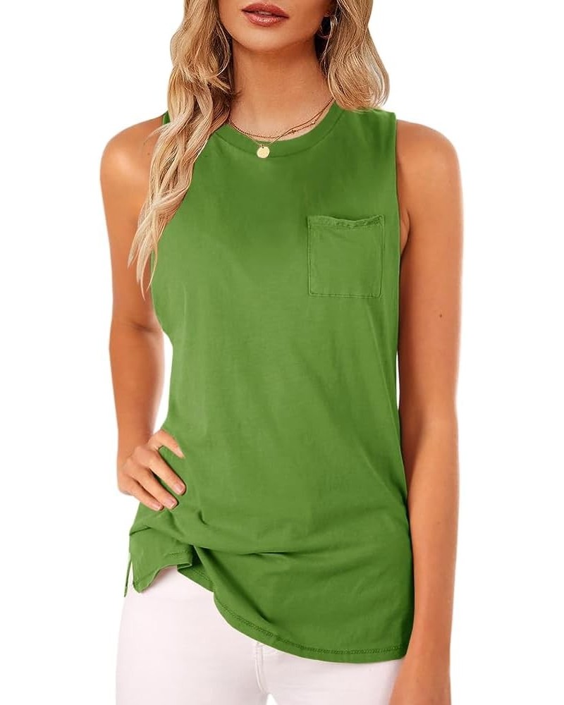 Women's High Neck Tank Top Sleeveless Blouse Plain T Shirts Pocket Cami Summer Tops A-grass Green $9.45 Tanks