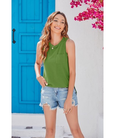 Women's High Neck Tank Top Sleeveless Blouse Plain T Shirts Pocket Cami Summer Tops A-grass Green $9.45 Tanks