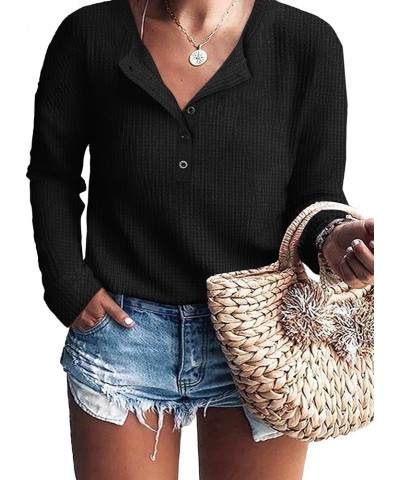 Womens Plus Size Tops Waffle Knit Blouse V Neck Button Up Long Sleeve Henley Tunic A-black1 $8.99 Tops