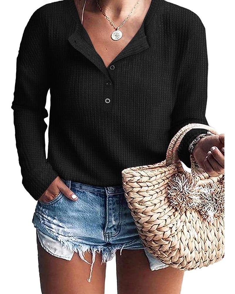 Womens Plus Size Tops Waffle Knit Blouse V Neck Button Up Long Sleeve Henley Tunic A-black1 $8.99 Tops