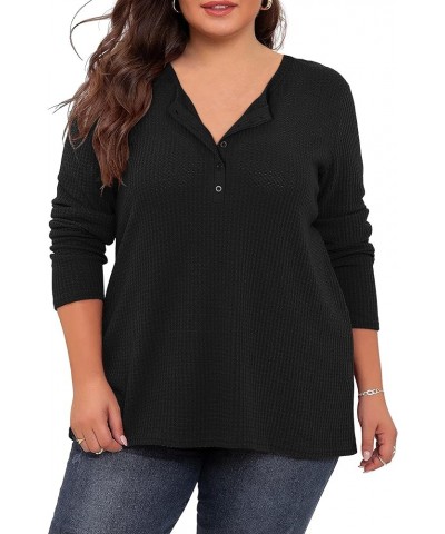 Womens Plus Size Tops Waffle Knit Blouse V Neck Button Up Long Sleeve Henley Tunic A-black1 $8.99 Tops