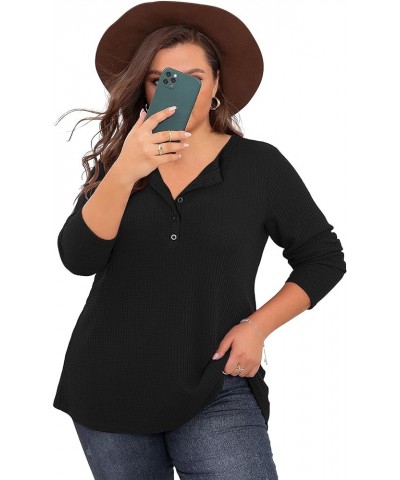 Womens Plus Size Tops Waffle Knit Blouse V Neck Button Up Long Sleeve Henley Tunic A-black1 $8.99 Tops