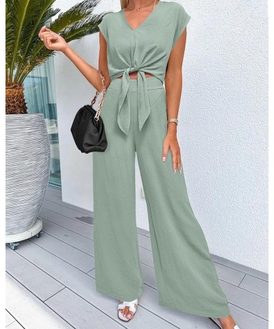 Women's Summer 2 Piece Outfits Cap Sleeve Strappy Crop Top Wide Leg Pant Sets Casual Tracksuit Lounge Wear 2024 Light Green $...