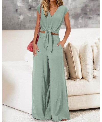 Women's Summer 2 Piece Outfits Cap Sleeve Strappy Crop Top Wide Leg Pant Sets Casual Tracksuit Lounge Wear 2024 Light Green $...