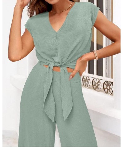 Women's Summer 2 Piece Outfits Cap Sleeve Strappy Crop Top Wide Leg Pant Sets Casual Tracksuit Lounge Wear 2024 Light Green $...