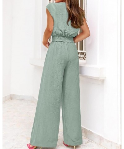 Women's Summer 2 Piece Outfits Cap Sleeve Strappy Crop Top Wide Leg Pant Sets Casual Tracksuit Lounge Wear 2024 Light Green $...