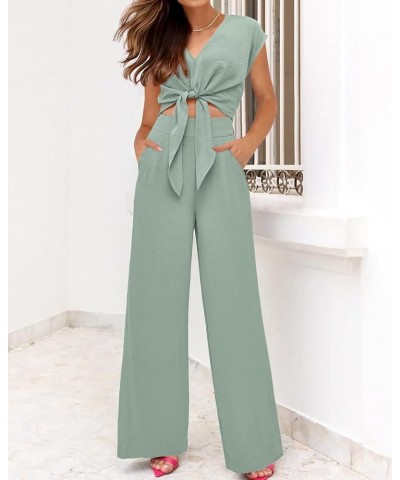 Women's Summer 2 Piece Outfits Cap Sleeve Strappy Crop Top Wide Leg Pant Sets Casual Tracksuit Lounge Wear 2024 Light Green $...