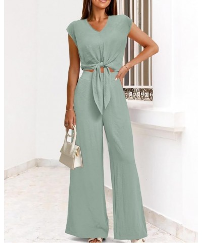 Women's Summer 2 Piece Outfits Cap Sleeve Strappy Crop Top Wide Leg Pant Sets Casual Tracksuit Lounge Wear 2024 Light Green $...