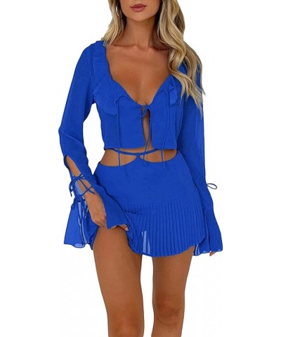 Women's 2 Piece Mini Skirt Set Sheer Mesh Cut Out Tie-Up Front Long Sleeve Ruffles Crop Tops and Bodycon Skirts E Blue $11.79...