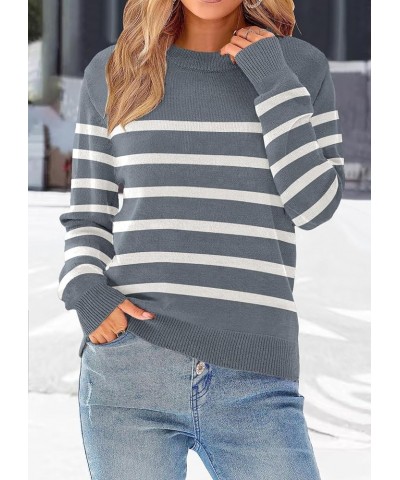 Women’s Striped Sweater Long Sleeve Crew Neck Ribbed Knit 2023 Fall Winter Pullover Sweater Tops Grey $19.32 Sweaters