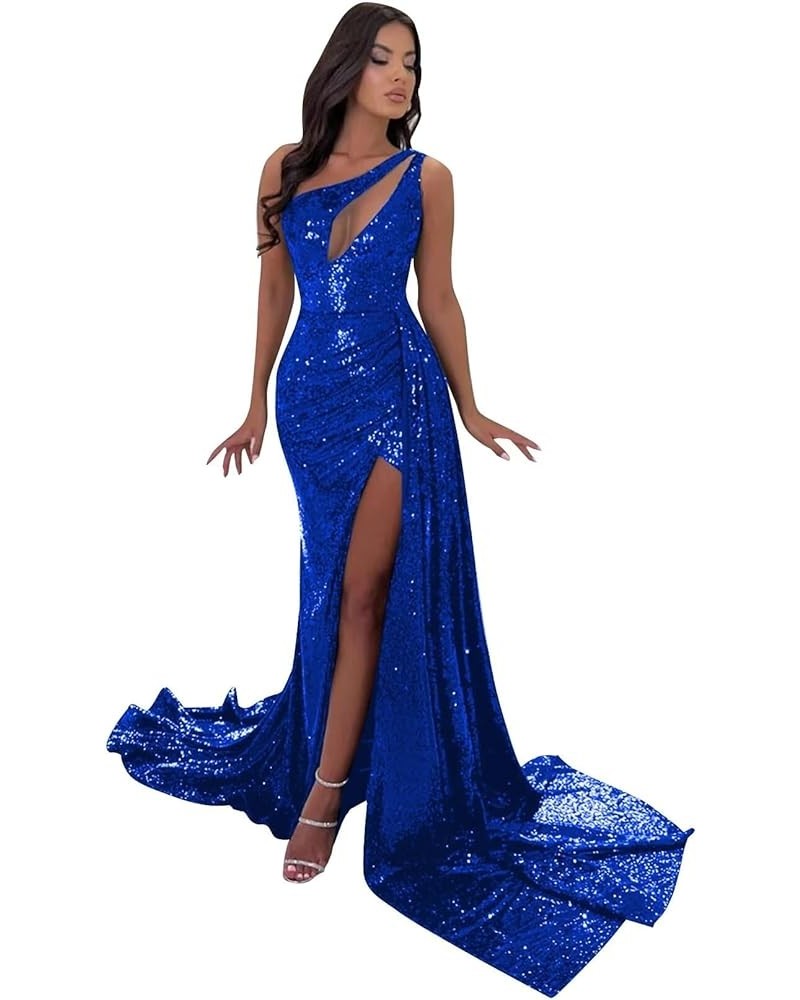 One Shoulder Sequin Prom Dresses for Women Sparkly Mermaid Cutout Formal Evening Gown Royal Blue $42.50 Dresses