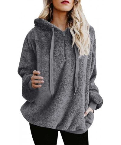 Quarter Zip Pullover Hooded Womens Warm Fuzzy Fleece Sherpa Sweatshirt Winter Oversized Casual Drawstring Hoodie Tops Dark Gr...