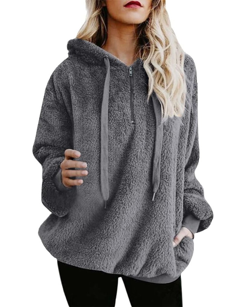 Quarter Zip Pullover Hooded Womens Warm Fuzzy Fleece Sherpa Sweatshirt Winter Oversized Casual Drawstring Hoodie Tops Dark Gr...