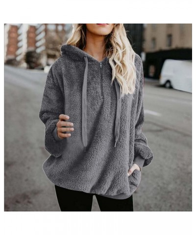 Quarter Zip Pullover Hooded Womens Warm Fuzzy Fleece Sherpa Sweatshirt Winter Oversized Casual Drawstring Hoodie Tops Dark Gr...