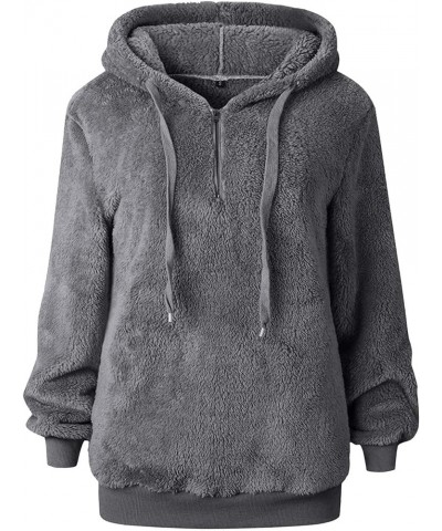 Quarter Zip Pullover Hooded Womens Warm Fuzzy Fleece Sherpa Sweatshirt Winter Oversized Casual Drawstring Hoodie Tops Dark Gr...