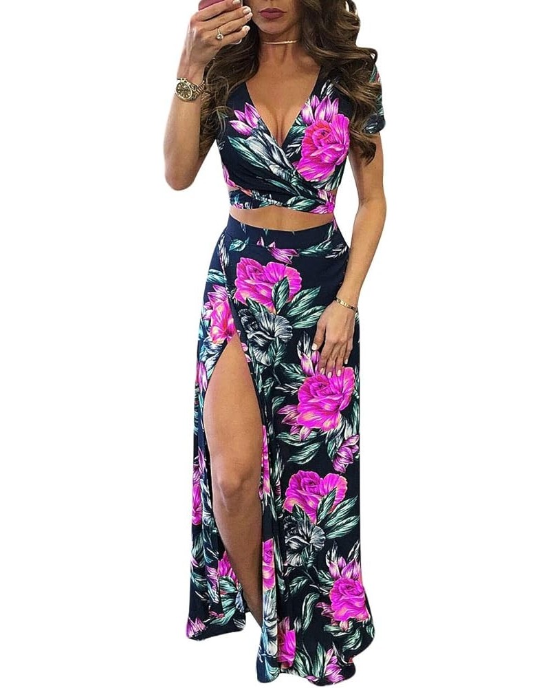 Women's Sexy 2 Piece Outfits Summer Beach Boho Floral Dress V Neck Crop Tops and High Split Maxi Skirt Sets 1-rose Red $17.37...