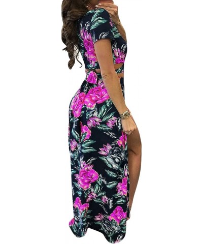 Women's Sexy 2 Piece Outfits Summer Beach Boho Floral Dress V Neck Crop Tops and High Split Maxi Skirt Sets 1-rose Red $17.37...