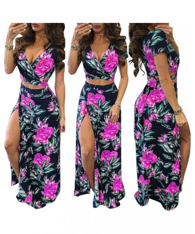 Women's Sexy 2 Piece Outfits Summer Beach Boho Floral Dress V Neck Crop Tops and High Split Maxi Skirt Sets 1-rose Red $17.37...