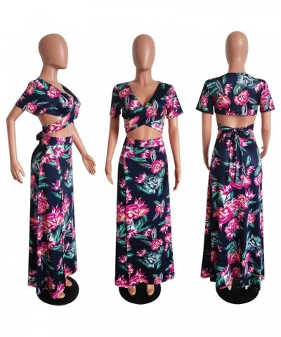 Women's Sexy 2 Piece Outfits Summer Beach Boho Floral Dress V Neck Crop Tops and High Split Maxi Skirt Sets 1-rose Red $17.37...