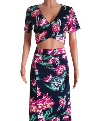 Women's Sexy 2 Piece Outfits Summer Beach Boho Floral Dress V Neck Crop Tops and High Split Maxi Skirt Sets 1-rose Red $17.37...