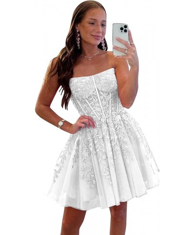 Women's Strapless Homecoming Dresses Short A-Line Lace Appliques Tulle Open Back Formal Cocktail Gown White $38.00 Dresses