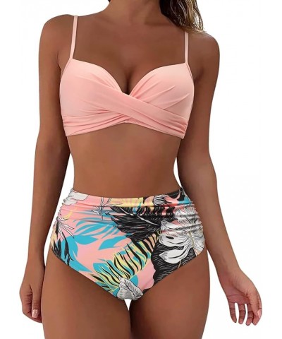 Women Bikini Sets High Waist Tummy Control Swimsuit Color Block Bathing Suits Tankini Suits for Women 01-pink $7.64 Swimsuits