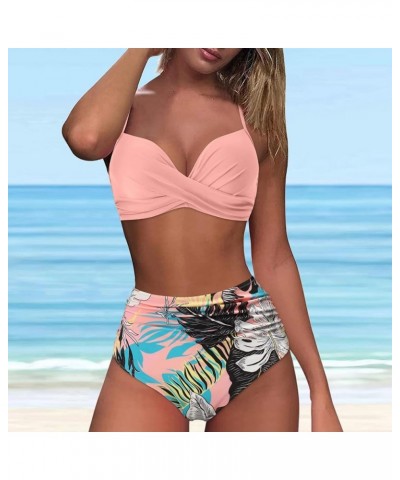 Women Bikini Sets High Waist Tummy Control Swimsuit Color Block Bathing Suits Tankini Suits for Women 01-pink $7.64 Swimsuits