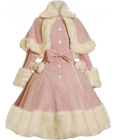 Women's Vintage Winter Fur Warm Coat Dress Shawl Collar Bowknot Warm Coat with Pocket Pink $39.77 Coats