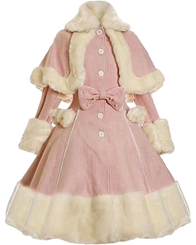 Women's Vintage Winter Fur Warm Coat Dress Shawl Collar Bowknot Warm Coat with Pocket Pink $39.77 Coats