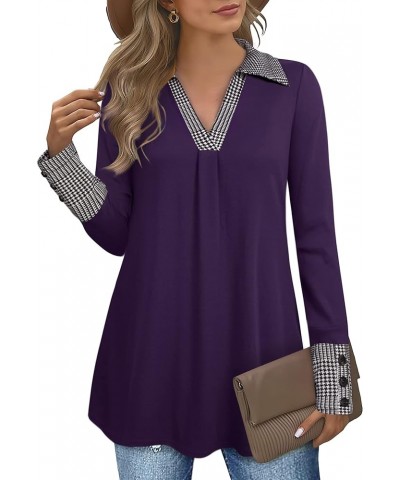 Women V Neck Long Sleeves Swing A Line Tunic Tops wear with leggings Dark Purple $16.10 Tops