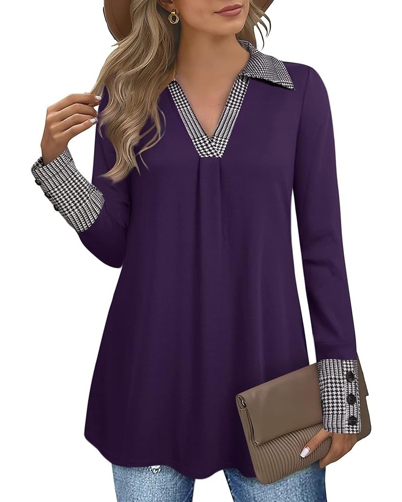 Women V Neck Long Sleeves Swing A Line Tunic Tops wear with leggings Dark Purple $16.10 Tops