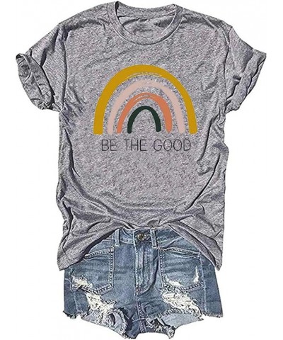 Retro Rainbow T-Shirt Womens Kindness Matters Short Sleeve Leisure Graphic Tees Tops Gray-3 $11.00 T-Shirts