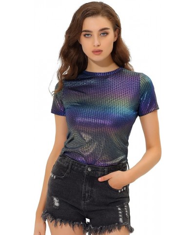 Women's Party Metallic Textured Short Sleeve Shiny Multicolor Top Dark Blue $19.46 Blouses