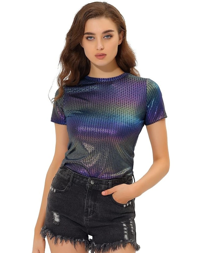 Women's Party Metallic Textured Short Sleeve Shiny Multicolor Top Dark Blue $19.46 Blouses