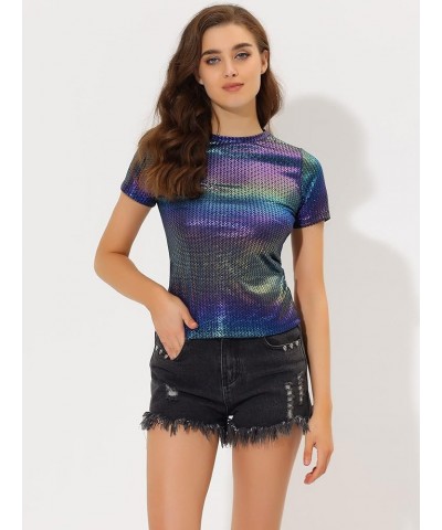 Women's Party Metallic Textured Short Sleeve Shiny Multicolor Top Dark Blue $19.46 Blouses