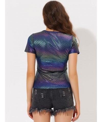 Women's Party Metallic Textured Short Sleeve Shiny Multicolor Top Dark Blue $19.46 Blouses