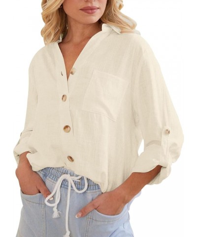 Womens Linen Shirts Button Down V Neck Long/Short Sleeve Collared Blouses Casual Work Office Tops with Pockets Beige $12.15 B...