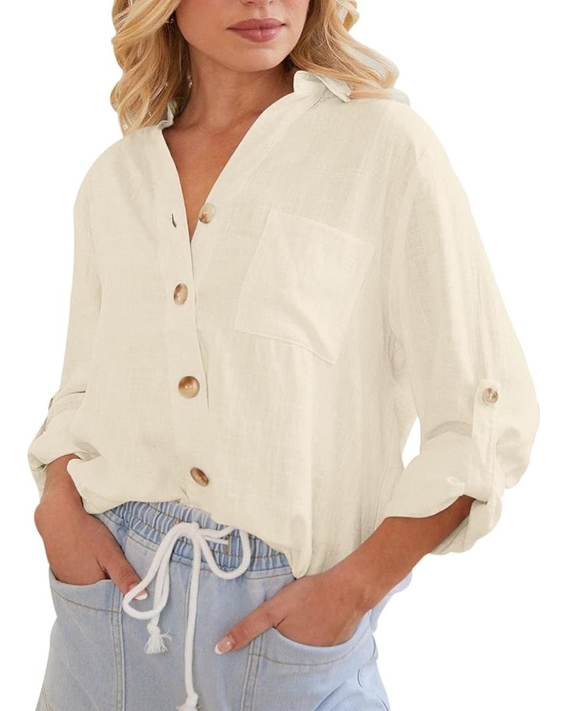 Womens Linen Shirts Button Down V Neck Long/Short Sleeve Collared Blouses Casual Work Office Tops with Pockets Beige $12.15 B...