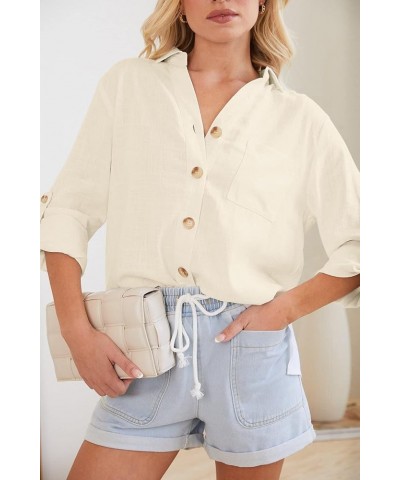 Womens Linen Shirts Button Down V Neck Long/Short Sleeve Collared Blouses Casual Work Office Tops with Pockets Beige $12.15 B...