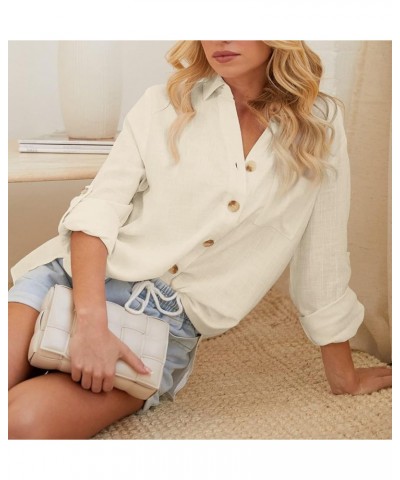 Womens Linen Shirts Button Down V Neck Long/Short Sleeve Collared Blouses Casual Work Office Tops with Pockets Beige $12.15 B...